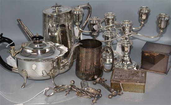 A pair of silver-plated candelabra and sundry plated items